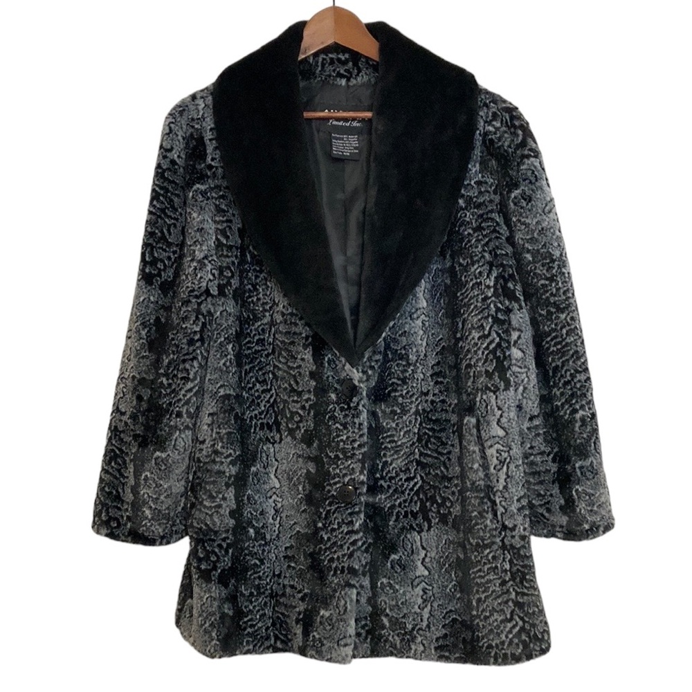 Olympia Faux Fur Coat Womens Medium Black Gray Plush Animal Print Disco Party